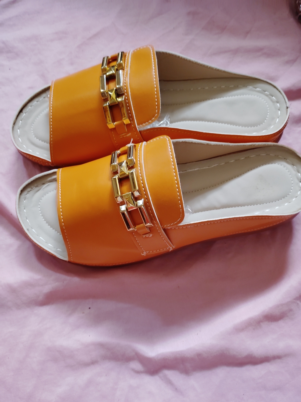 Women’s Orange Slide Sandals with Gold Chain Accent